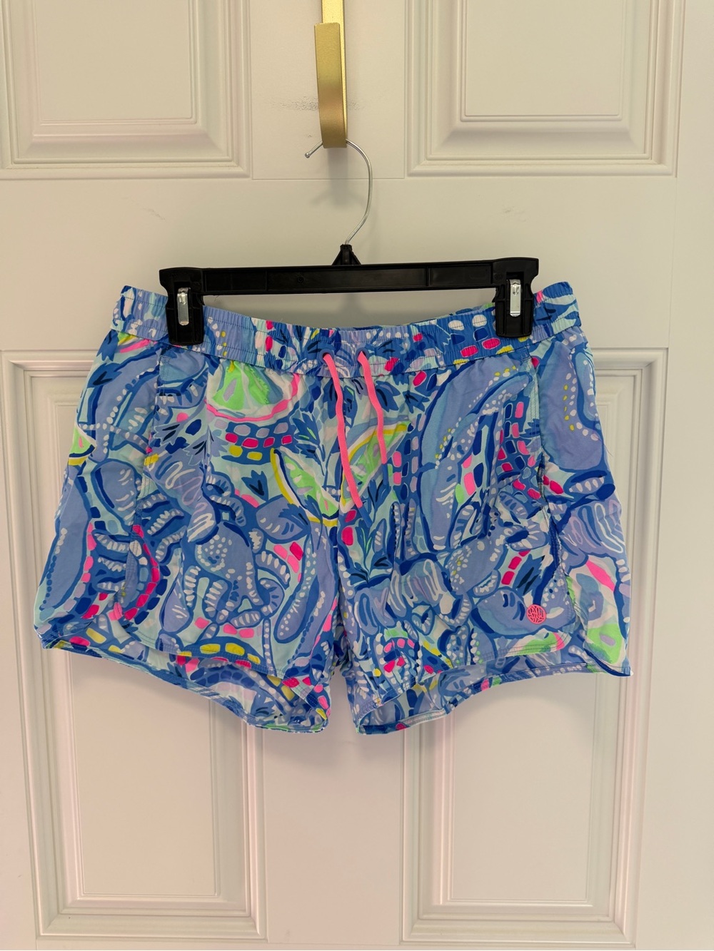 Lilly Pulitzer Blue Abstract Print Athletic Shorts with Pink Drawstring